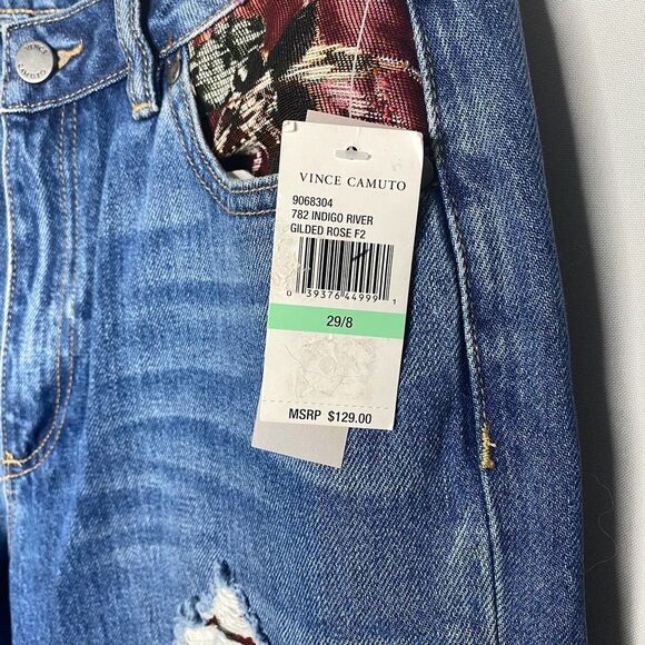 Vince Camuto High Rise Straight Leg Patchwork Ripped Jeans Blue 29/8 Distressed - Picture 6 of 12